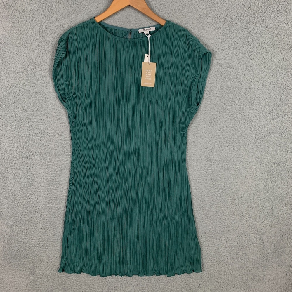 Madewell Mini Tee Dress Size 4 Spruce Stretch Plissé Cap Sleeve Preppy NWT $79